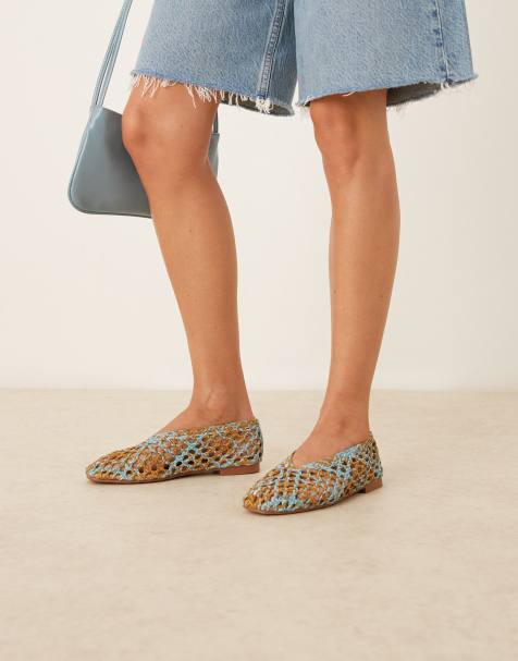 ASOS DESIGN - Linus - Blå og naturfarvede enkle flettede ballerinaer - view 1