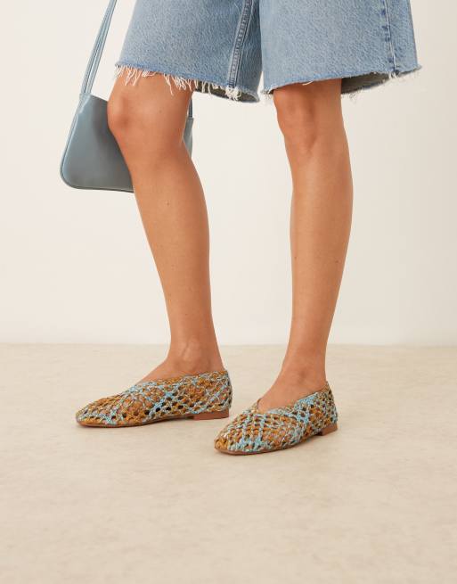 ASOS DESIGN Linus clean ballet flats in blue and natural weave mix