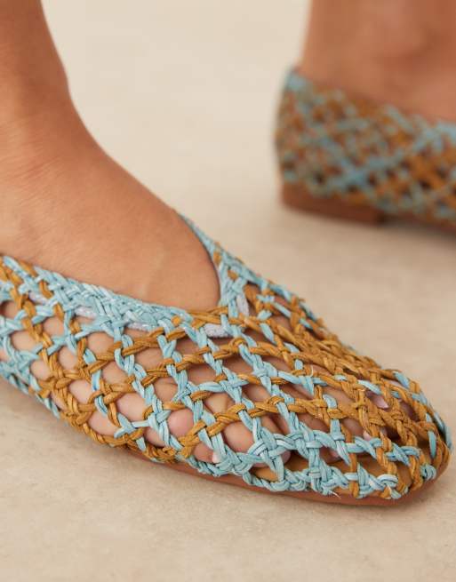 ASOS DESIGN Linus clean ballet flats in blue and natural weave mix