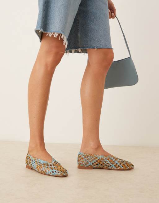 ASOS DESIGN Linus clean ballet flats in blue and natural weave mix