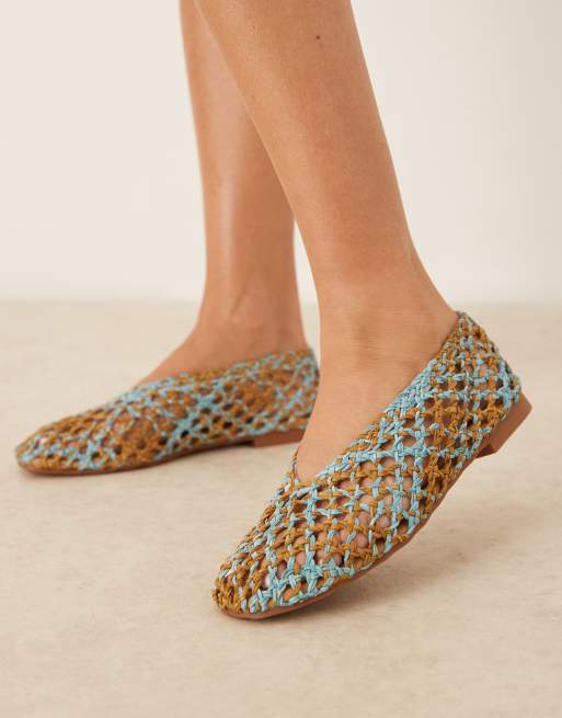ASOS DESIGN Linus clean ballet flats in blue and natural weave mix