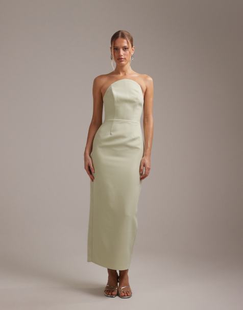 ASOS DESIGN - L'invitée - Robe bandeau structurée en crépon avec encolure haute incurvée - Vert sauge - view 1