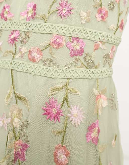 ASOS DESIGN - L'invitée - Robe caraco longue à broderies fleurs et ornements - Vert sauge, 3 de 4