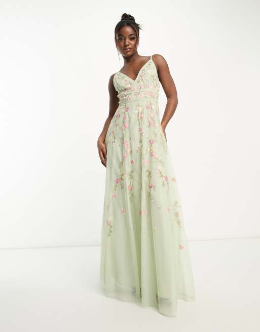 ASOS DESIGN - L'invitée - Robe caraco longue à broderies fleurs et ornements - Vert sauge, 4 de 4