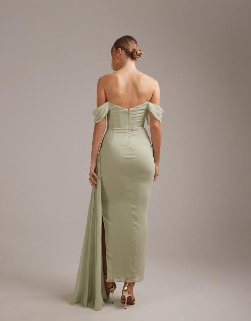 ASOS DESIGN - L'invitée - Robe en georgette à encolure Bardot - Vert sauge, 2 de 5