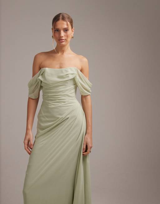 ASOS DESIGN - L'invitée - Robe en georgette à encolure Bardot - Vert sauge, 4 de 5