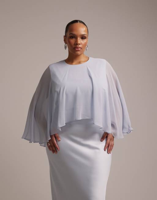ASOS DESIGN - L'invitée - Robe en mousseline satinée coupée en biais avec superposition cape transparente - Bleu, 4 de 5