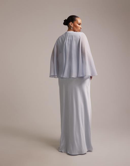 ASOS DESIGN - L'invitée - Robe en mousseline satinée coupée en biais avec superposition cape transparente - Bleu, 5 de 5