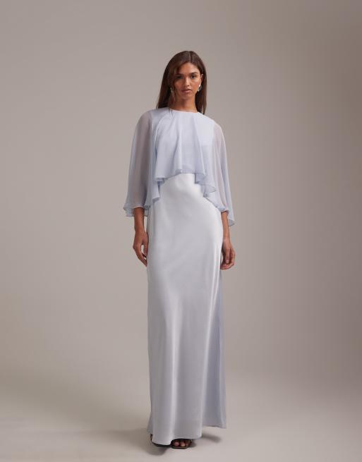 ASOS DESIGN - L'invitée - Robe en satin coupée en biais avec superposition cape transparente - Bleu, 5 de 5