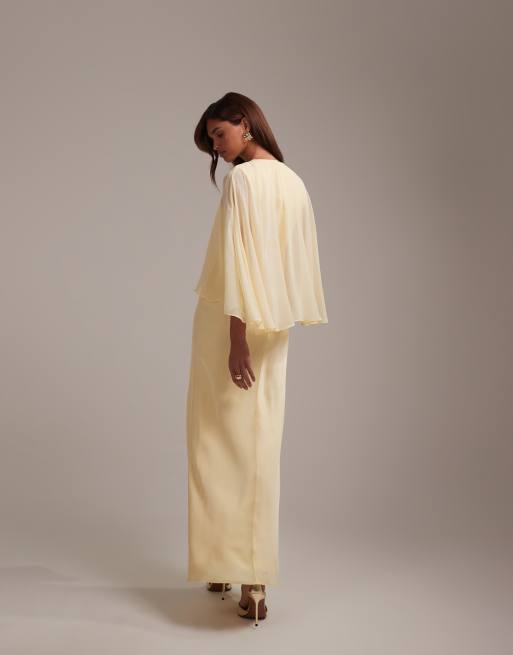 ASOS DESIGN - L'invitée - Robe en satin coupée en biais avec superposition cape transparente - Citron, 3 de 6