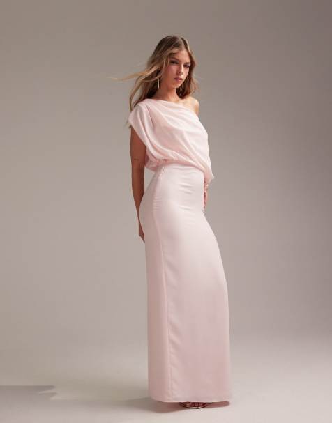 ASOS DESIGN - L'invitée - Robe longue asymétrique en crêpe effet drapé - Rose clair - view 1