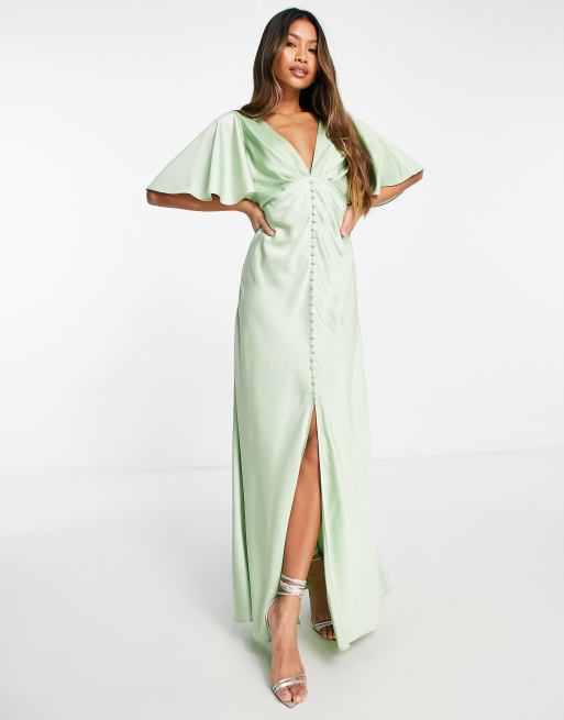 ASOS DESIGN - L'invitée - Robe longue boutonnée en tissu satiné à manches cape - Sauge, 4 de 4