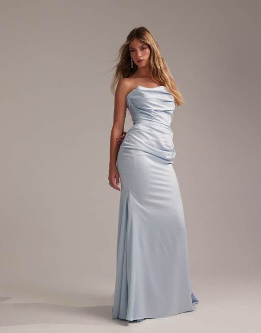 ASOS DESIGN - L'invitée - Robe longue bustier en satin - Bleu clair