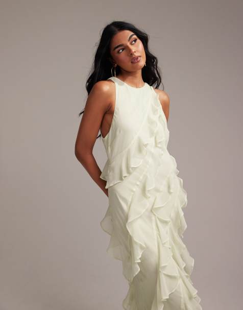ASOS DESIGN - L'invitée - Robe longue coupée en biais à volants et encolure américaine - Vert clair - view 1