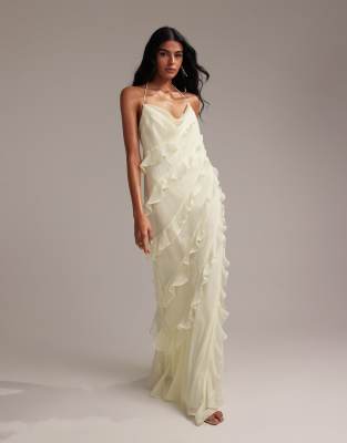 ASOS DESIGN - L'invitée - Robe longue coupée en biais avec bretelles fines et volants - Jaune pâle