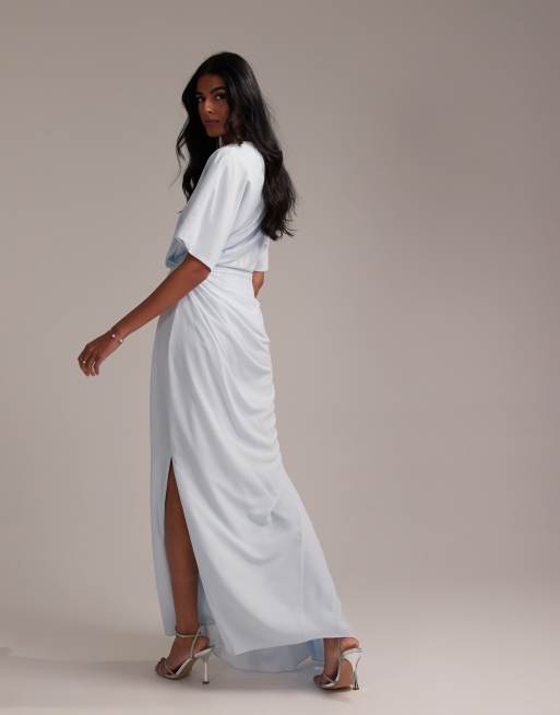 ASOS DESIGN - L'invitée - Robe longue drapée et épurée en crêpe à encolure bateau et manches courtes - Bleu pâle, 3 de 5
