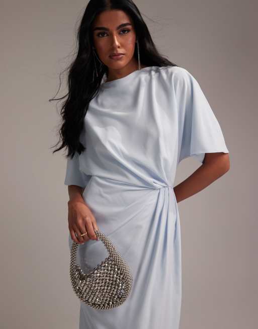 ASOS DESIGN - L'invitée - Robe longue drapée et épurée en crêpe à encolure bateau et manches courtes - Bleu pâle, 4 de 5