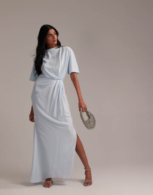 ASOS DESIGN - L'invitée - Robe longue drapée et épurée en crêpe à encolure bateau et manches courtes - Bleu pâle, 5 de 5