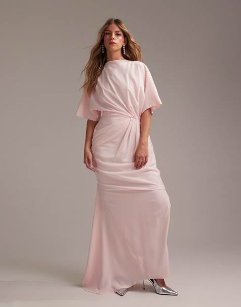 ASOS DESIGN - L'invitée - Robe longue drapée et épurée en crêpe à encolure bateau et manches courtes - Rose pâle - view 1
