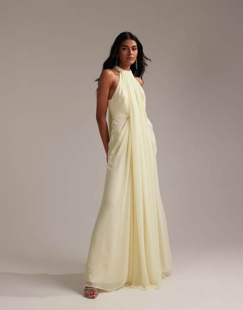 ASOS DESIGN - L'invitée - Robe longue drapée style grec avec encolure licou - Jaune pâle - view 1