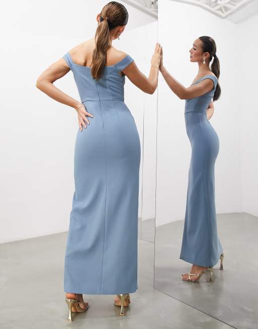 ASOS DESIGN L invit e Robe longue droite en cr pe avec fente et encolure Bardot Bleu cendr