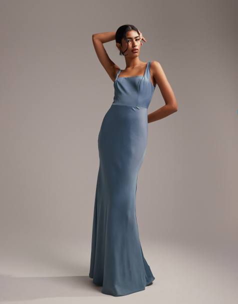 ASOS DESIGN - L'invitée - Robe longue en satin à encolure carrée - Bleu cendré - view 1