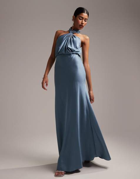 ASOS DESIGN - L'invitée - Robe longue en satin avec encolure américaine froncée - Bleu cendré - view 1