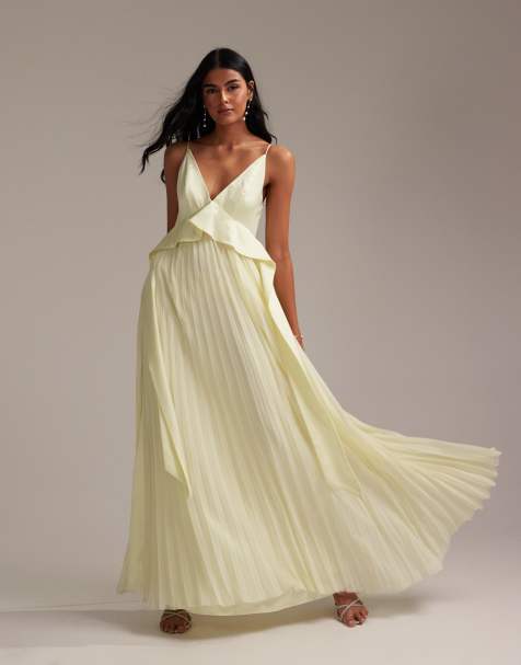 ASOS DESIGN - L'invitée - Robe longue hybride à fines bretelles et jupe plissée - Jaune pâle - view 1