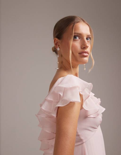 ASOS DESIGN - L'invitée - Robe longue volantée en mousseline à encolure Bardot - Rose clair, 2 de 5
