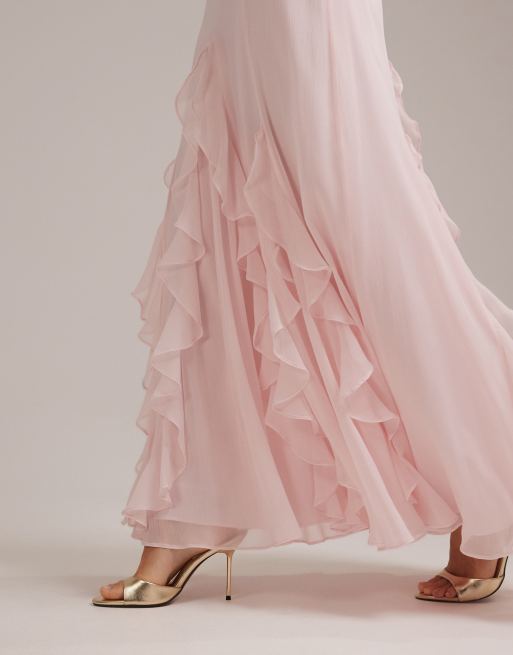 ASOS DESIGN - L'invitée - Robe longue volantée en mousseline à encolure Bardot - Rose clair, 4 de 5