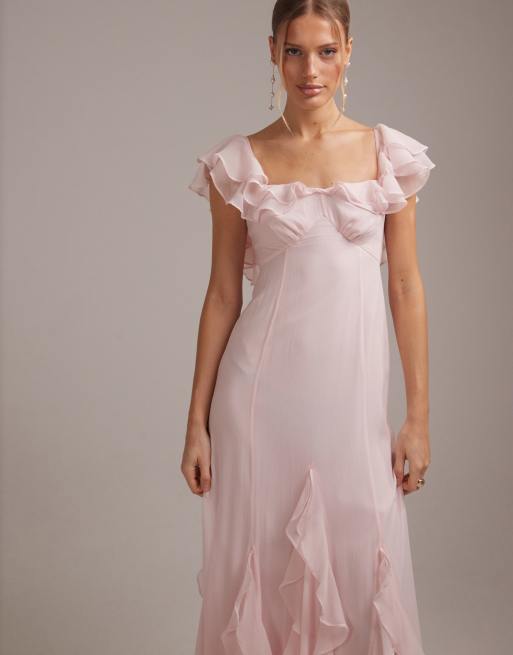 ASOS DESIGN - L'invitée - Robe longue volantée en mousseline à encolure Bardot - Rose clair, 5 de 5