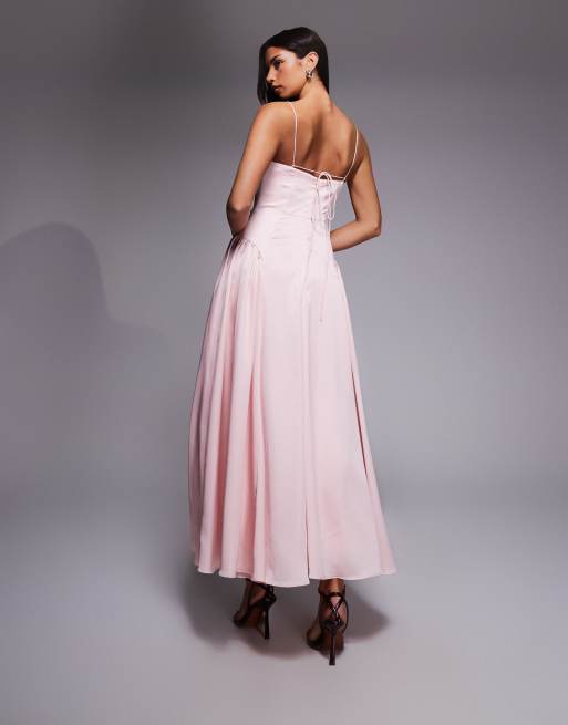 ASOS DESIGN - L'invitée - Robe longueur mollet avec taille basse et lien avec bretelles fines - Rose, 3 de 4