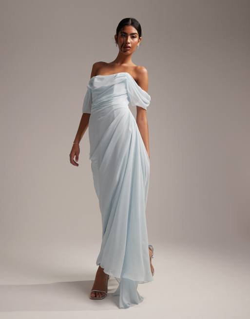 ASOS DESIGN - L'invitée - Robe longueur mollet drapée à encolure Bardot - Bleu clair