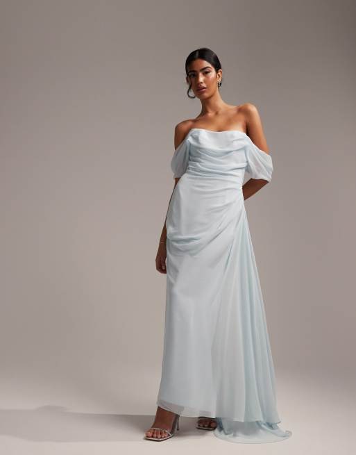 ASOS DESIGN - L'invitée - Robe longueur mollet drapée à encolure Bardot - Bleu clair, 4 de 5