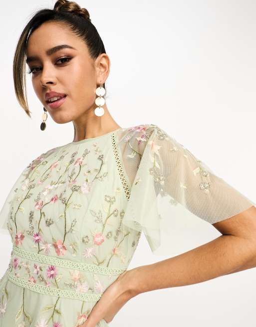 ASOS DESIGN L invit e Robe mi longue fleurs brod es et ornements avec manches vas es Vert sauge