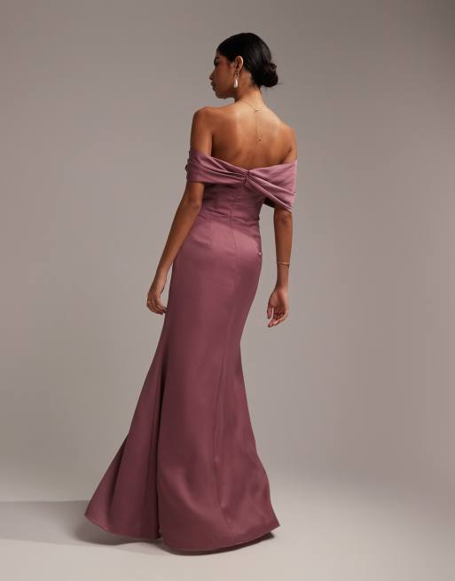 ASOS DESIGN - L'invitée - Robe portefeuille longue en satin effet drapé avec encolure bardot - Orchidée , 2 de 5