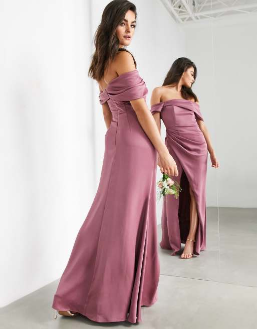 ASOS DESIGN - L'invitée - Robe portefeuille longue en satin effet drapé avec encolure bardot - Orchidée , 4 de 4