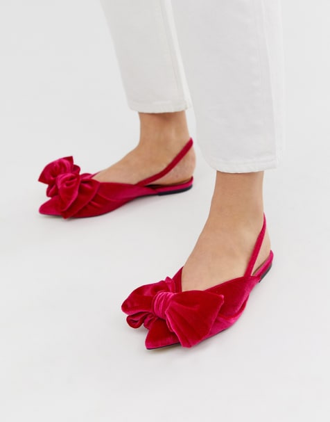 ASOS DESIGN – Lips – Flache Ballerinas mit Schleife und Fersenriemen in Rosa Samt