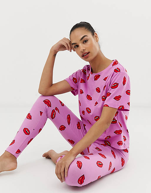 ASOS DESIGN lips pyjama legging set in pink