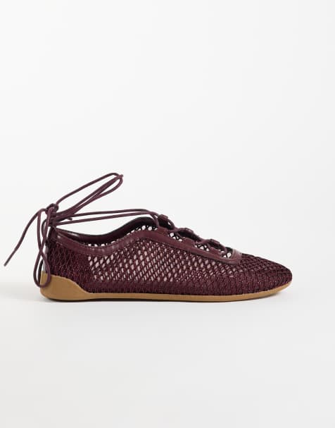 ASOS DESIGN Liquorice lace up ballet flats in burgundy mesh - view 1