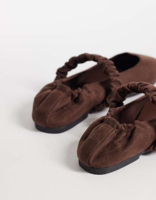 ASOS DESIGN Lira scrunch detail mary jane ballets in chocolate suedette, 4 of 4