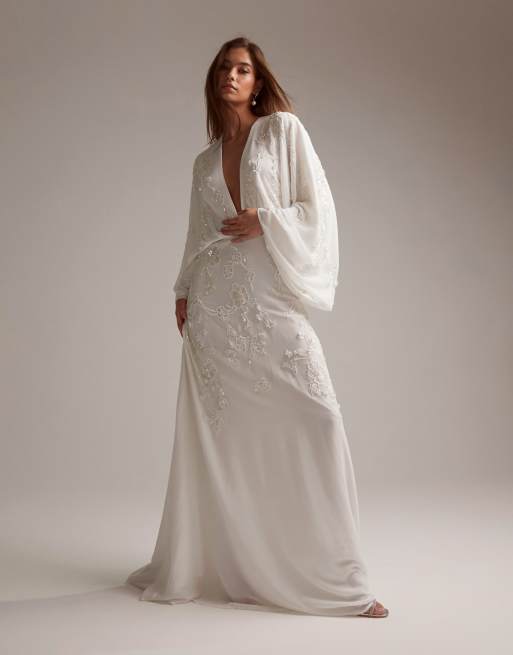 ASOS DESIGN Lisa drape sleeve plunge wedding dress with floral  embellishment in ivory - IVORY | ASOS