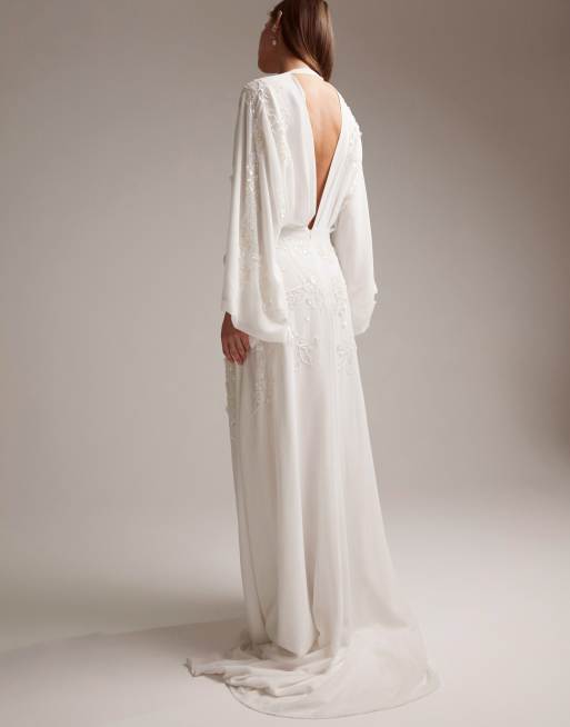ASOS DESIGN Lisa drape sleeve plunge wedding dress with floral  embellishment in ivory | ASOS