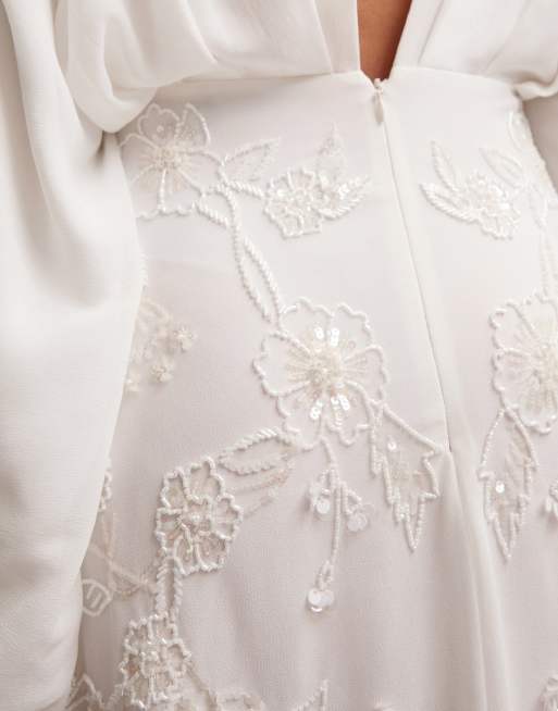 ASOS DESIGN Lisa drape sleeve plunge wedding dress with floral embellishment in ivory, 4 of 6