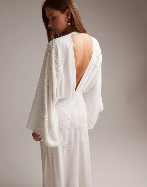 ASOS DESIGN Lisa drape sleeve plunge wedding dress with floral embellishment in ivory, 5 of 6