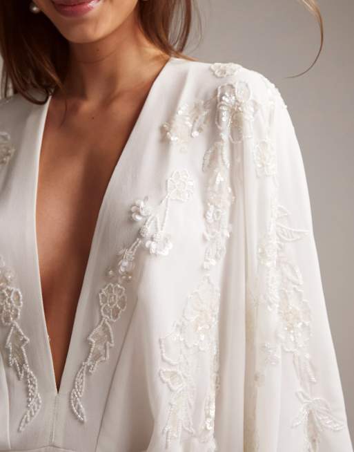 ASOS DESIGN Lisa drape sleeve plunge wedding dress with floral embellishment in ivory