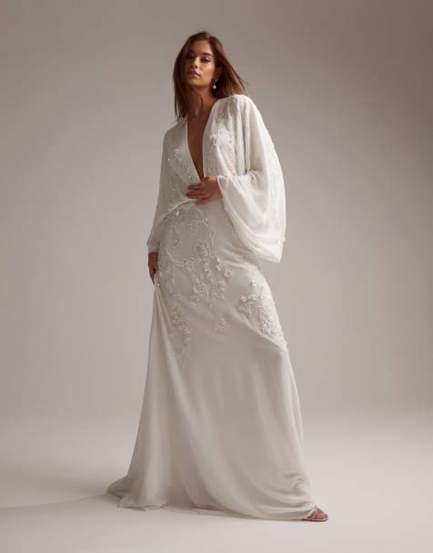 ASOS DESIGN Curve Florence plunge long sleeve wedding dress with cutwork in