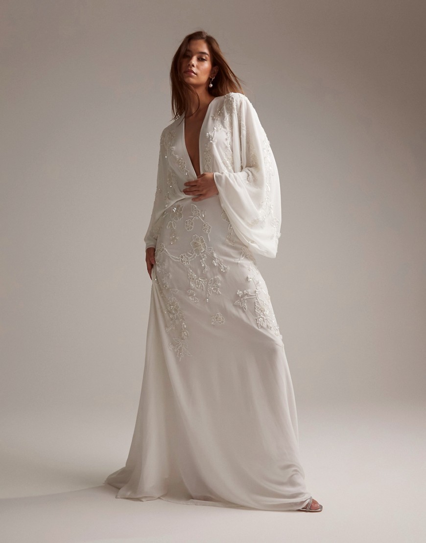 ASOS DESIGN Lisa drape sleeve plunge wedding dress with floral embellishment in-White