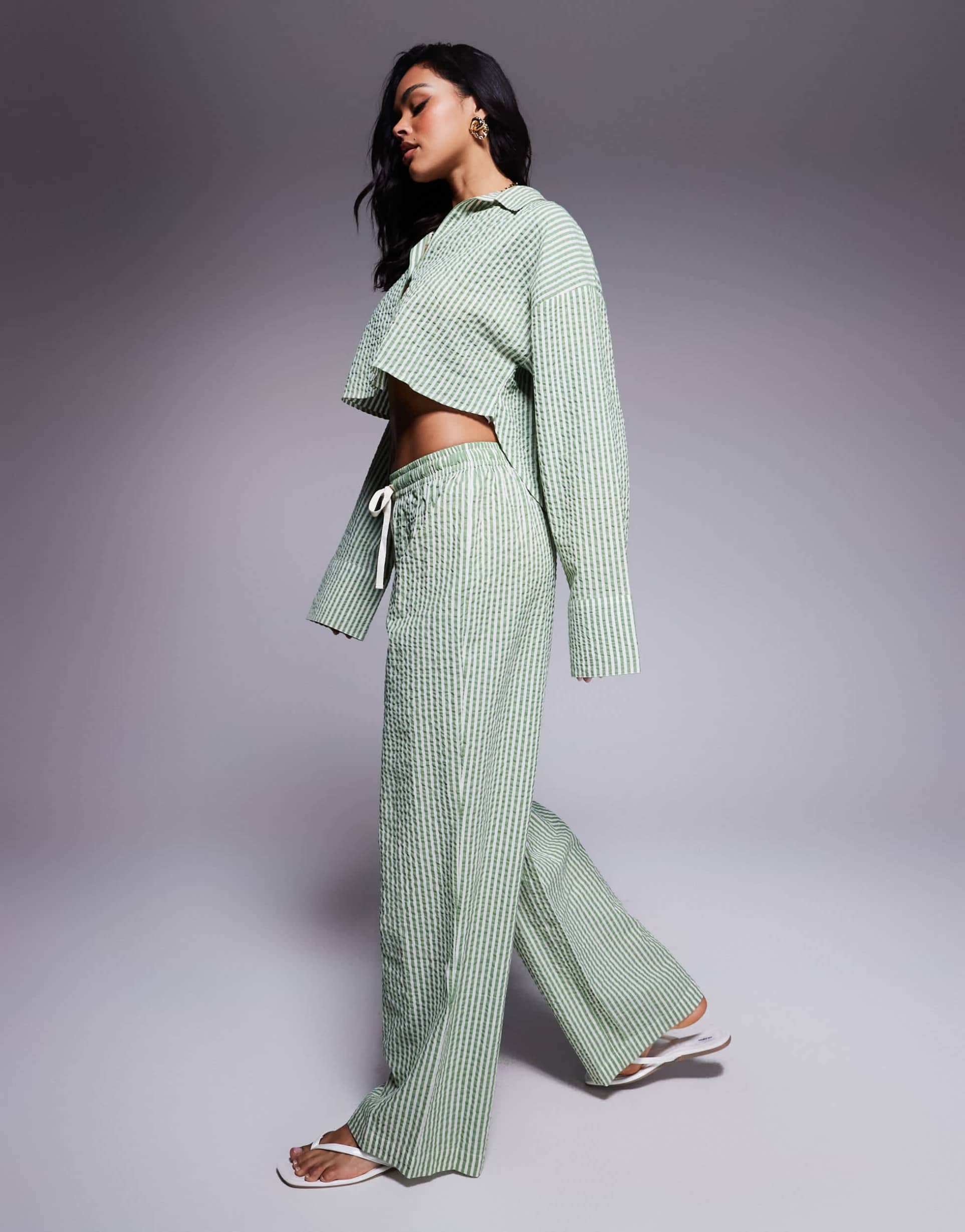 asos design lisa seersucker beach pants in green stripe