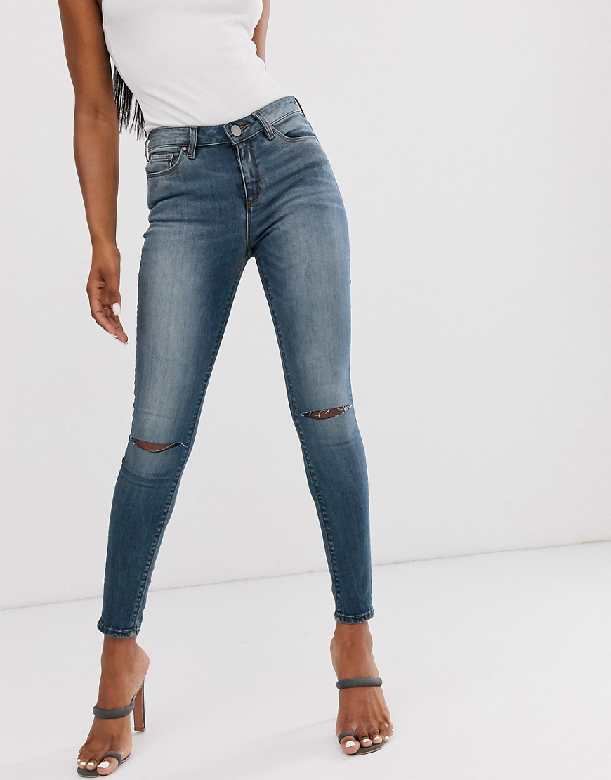 ASOS DESIGN Lisbon mid rise skinny jeans in extreme dark stonewash with knee rips-Blue